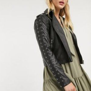 Lab Leather Lace Up Sleeve Detail Biker Jacket